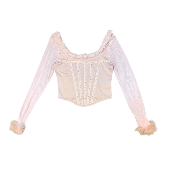 Elegant Light Pink Long Sleeve Scoop Neck Top Faux Fur Trim, Small - Picture 1 of 2